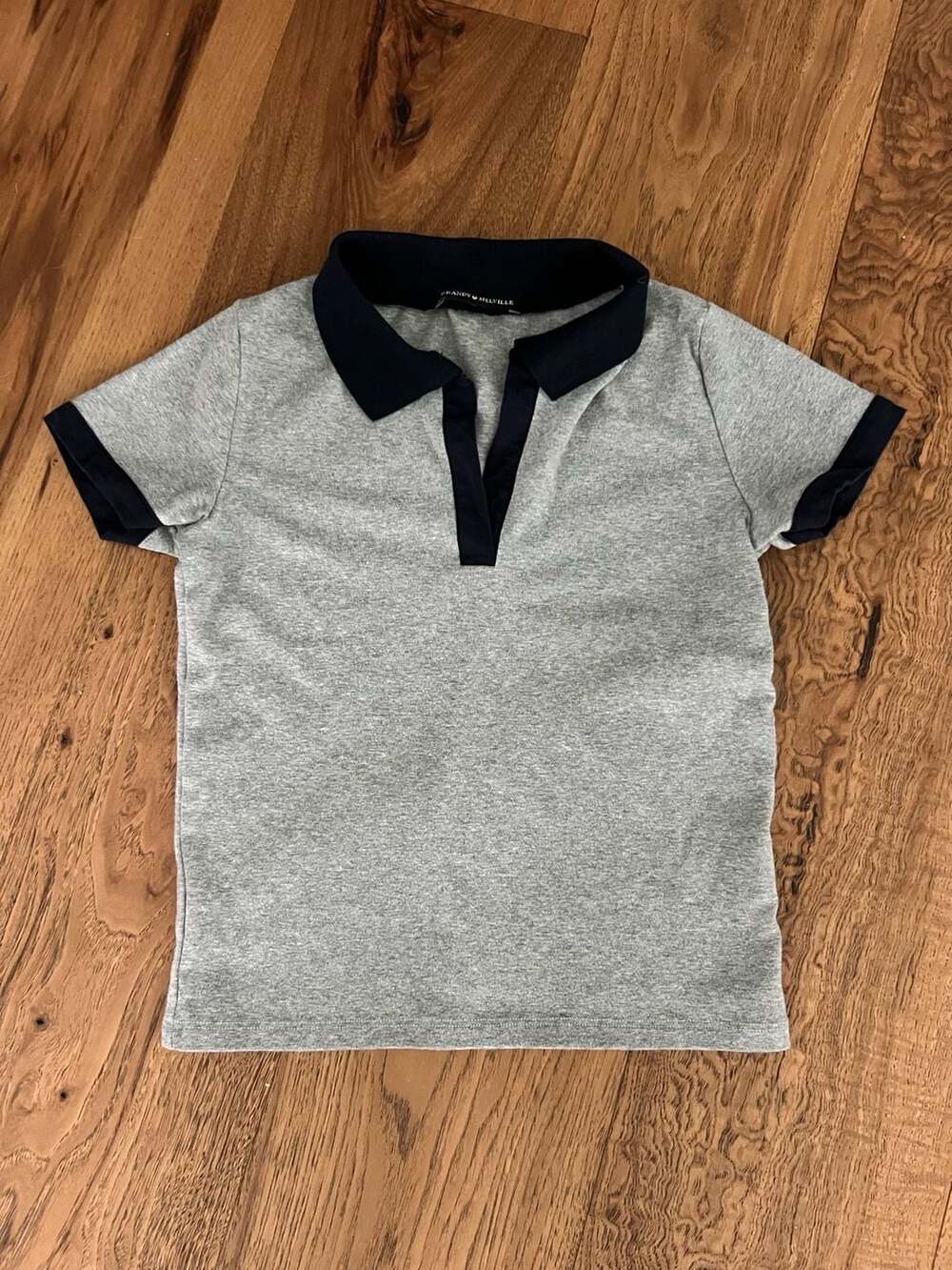 Brandy Melville Grey Cotton Short Sleeve Polo Shirt with Navy Collar and Cuffs